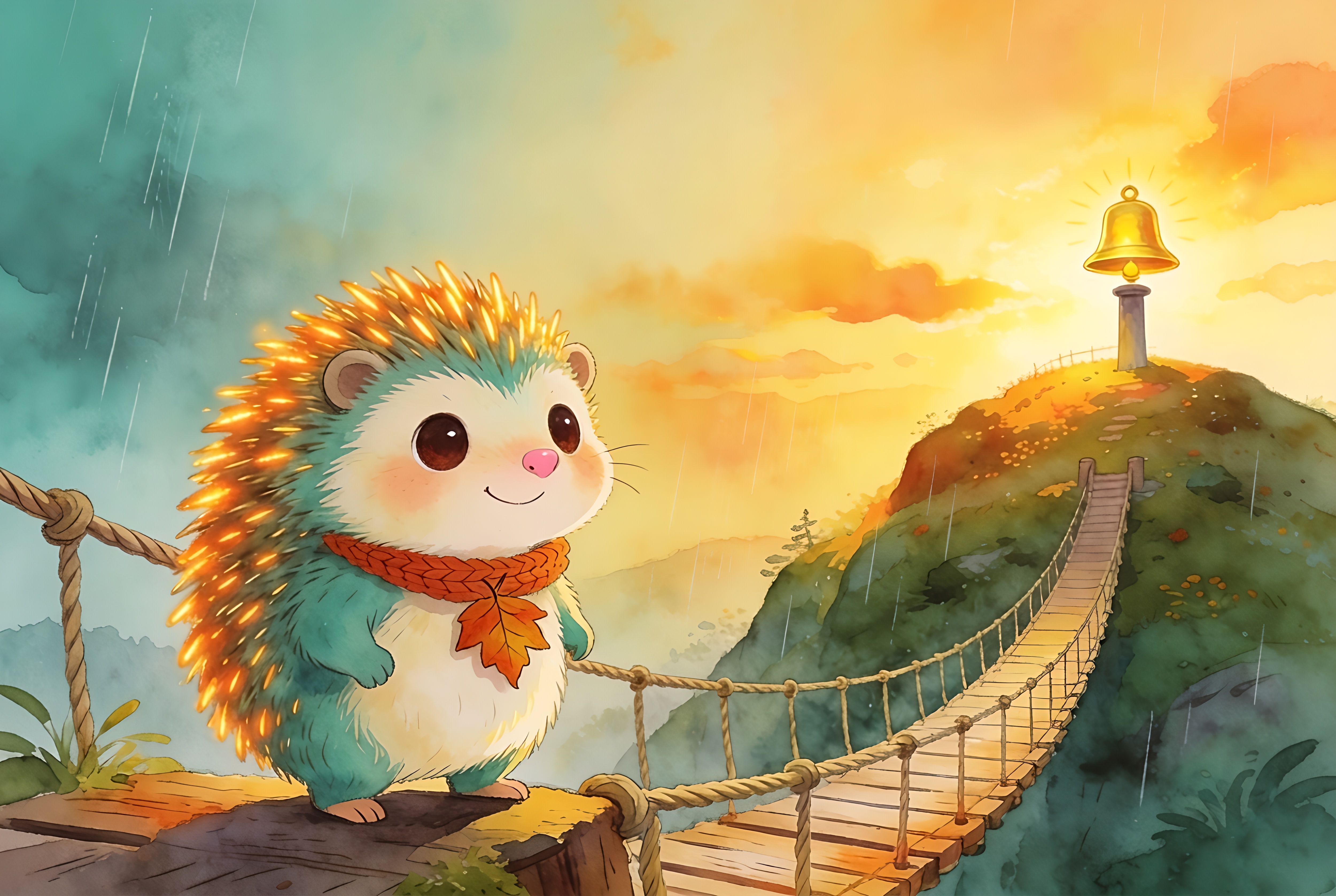 Pip the hedgehog, quills glowing gold-orange, standing at the edge of a rope bridge on Thistle Hill at golden sunset